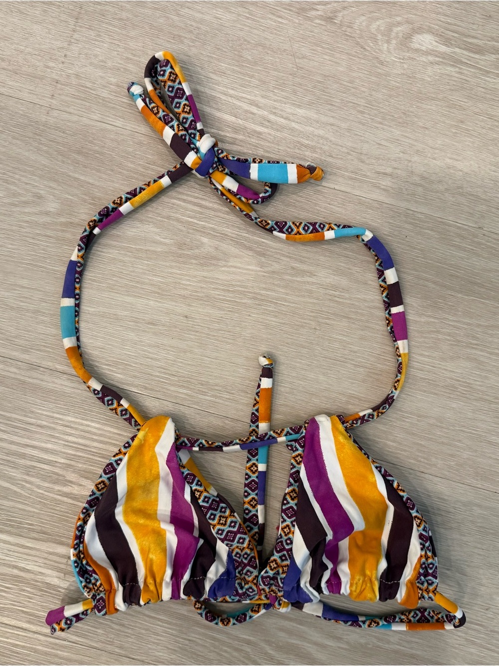 Striped Multicolor Triangle Bikini Top by Saha Reversible comes with bag.